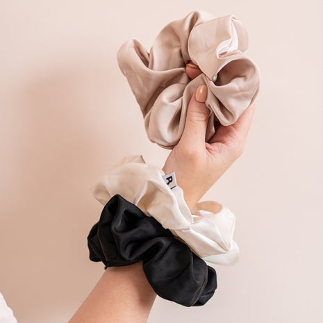 The Satin Scrunchie Trio – Black, Cream & Champagne (3-Pack)